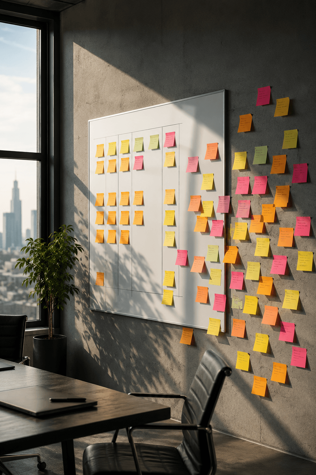 A wall of sticky notes and a sparse planning board — representing the planning and execution gaps that derail Business Central implementations