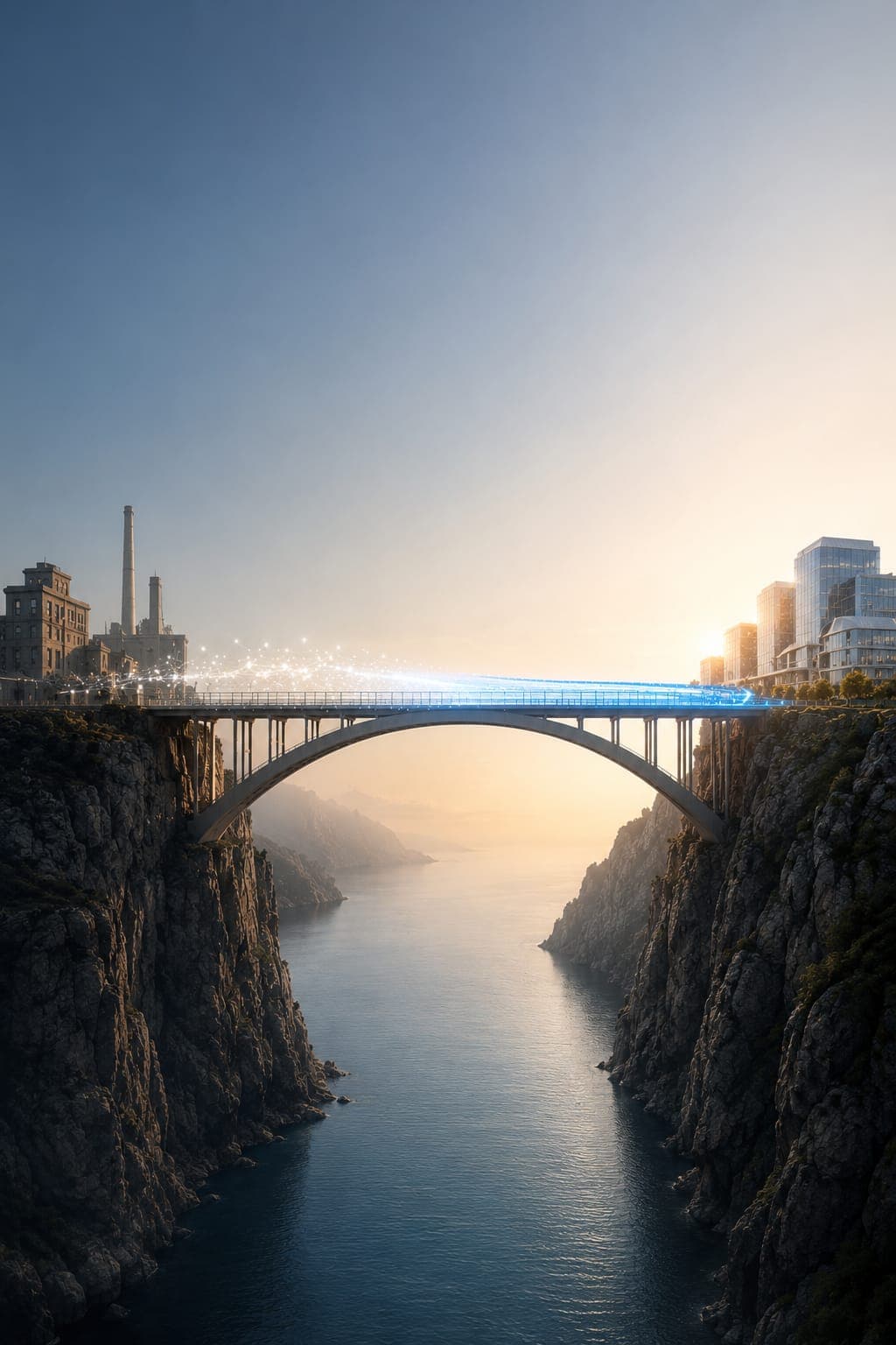 A bridge spanning two sides — representing a safe, structured path from legacy Dynamics to Business Central