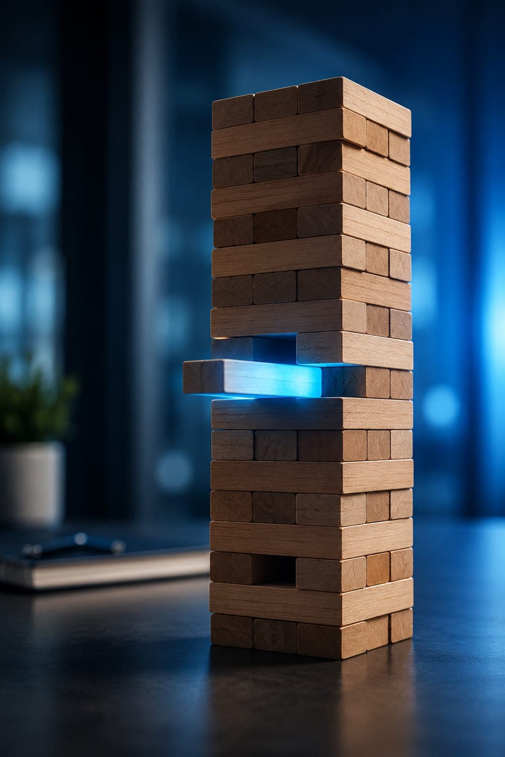 A steady hand removing a Jenga block without toppling the tower — representing careful, low-risk migration