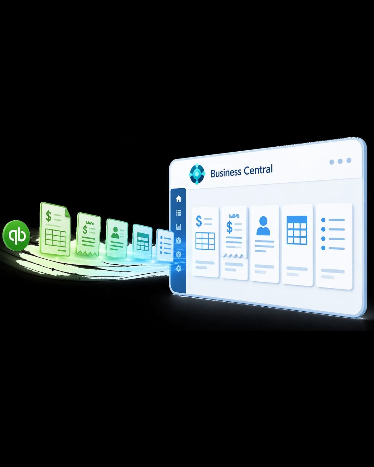 QuickBooks invoices, receipts, customers and lists flowing across into a Microsoft Dynamics 365 Business Central window