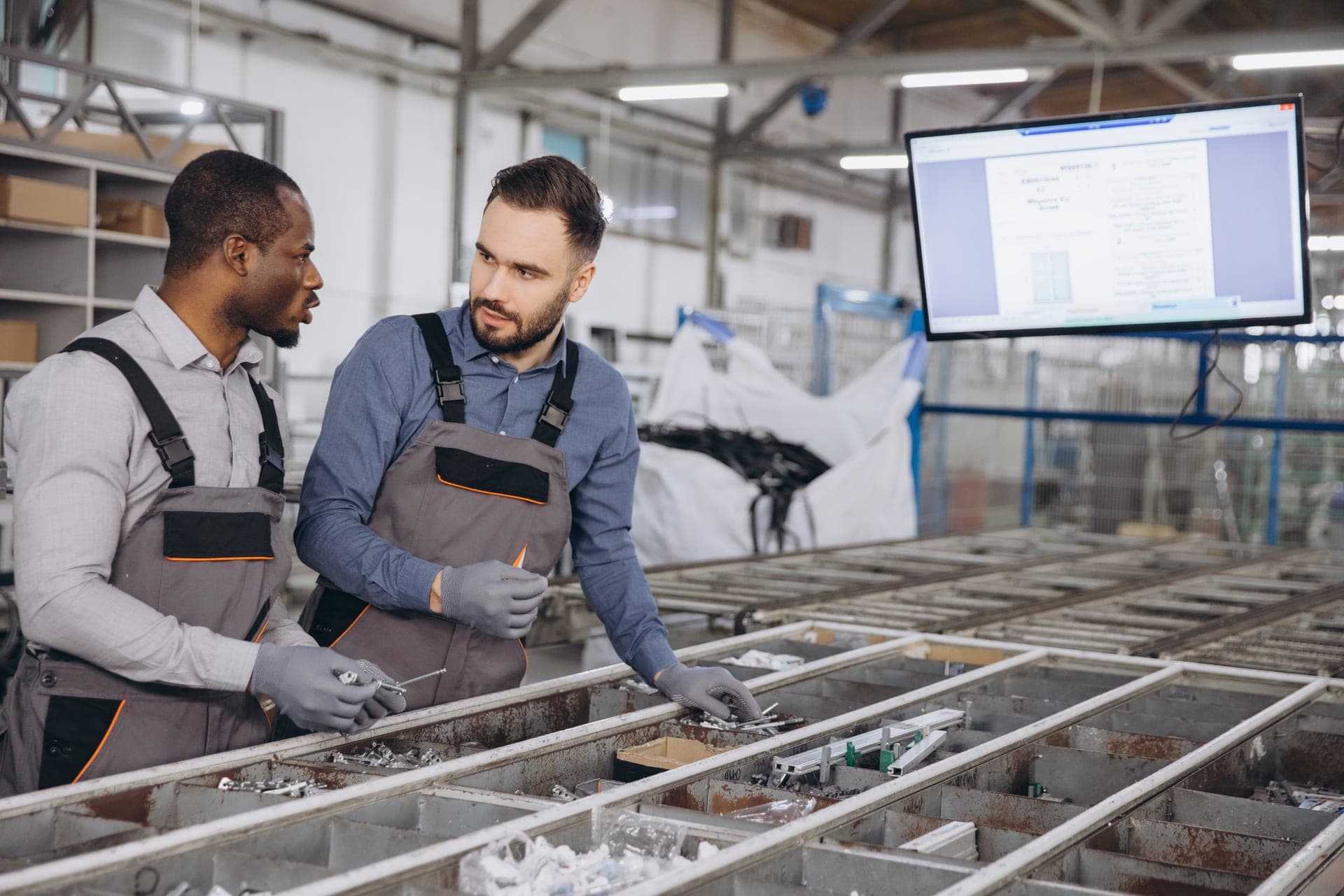 Two warehouse staff reviewing inventory at a workstation on the distribution floor