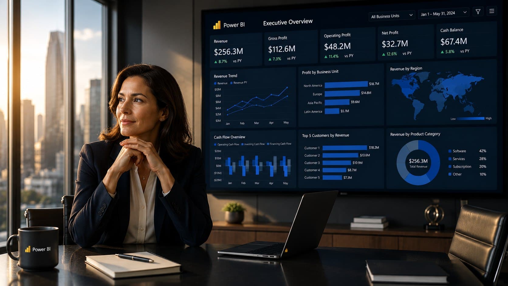 Executive reviewing a real-time Power BI dashboard with revenue, pipeline, and operational KPIs at a glance.