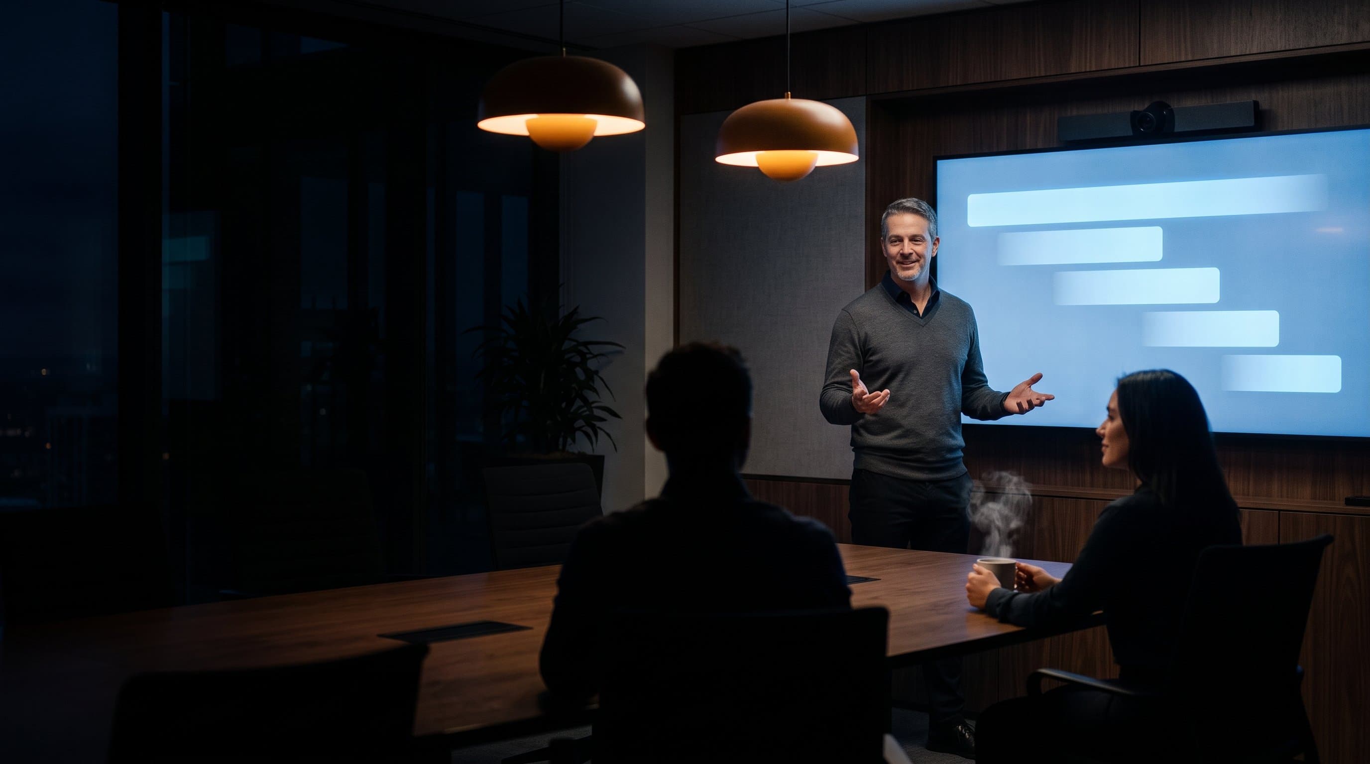 A finance leader walking colleagues through a phased migration timeline in a calm, dimly lit boardroom — planning the move from Dynamics GP to Business Central well ahead of the 2029 end-of-support deadline.