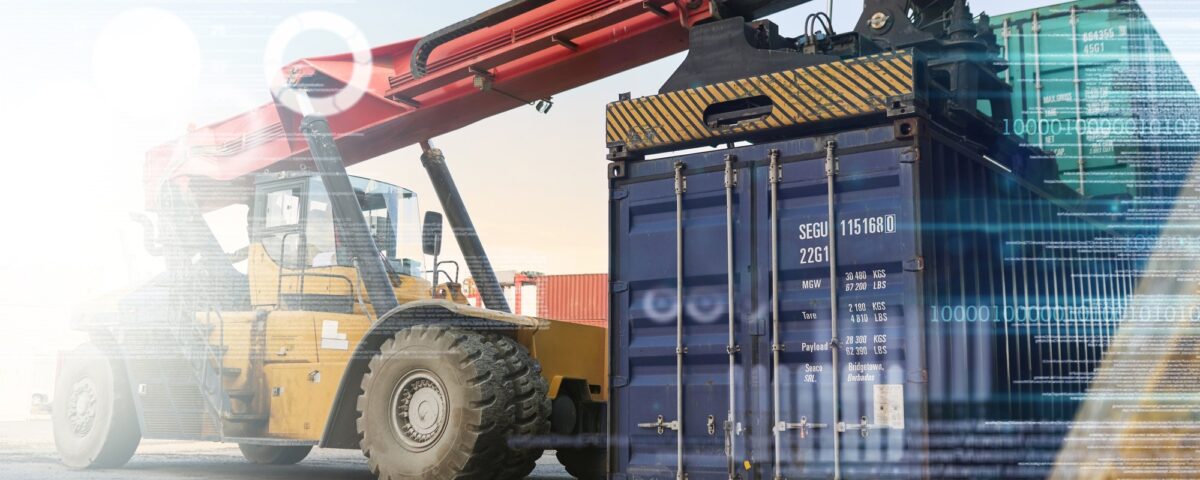 Shipping, supply chain and logistics with a container crane in a yard for storage, freight or cargo